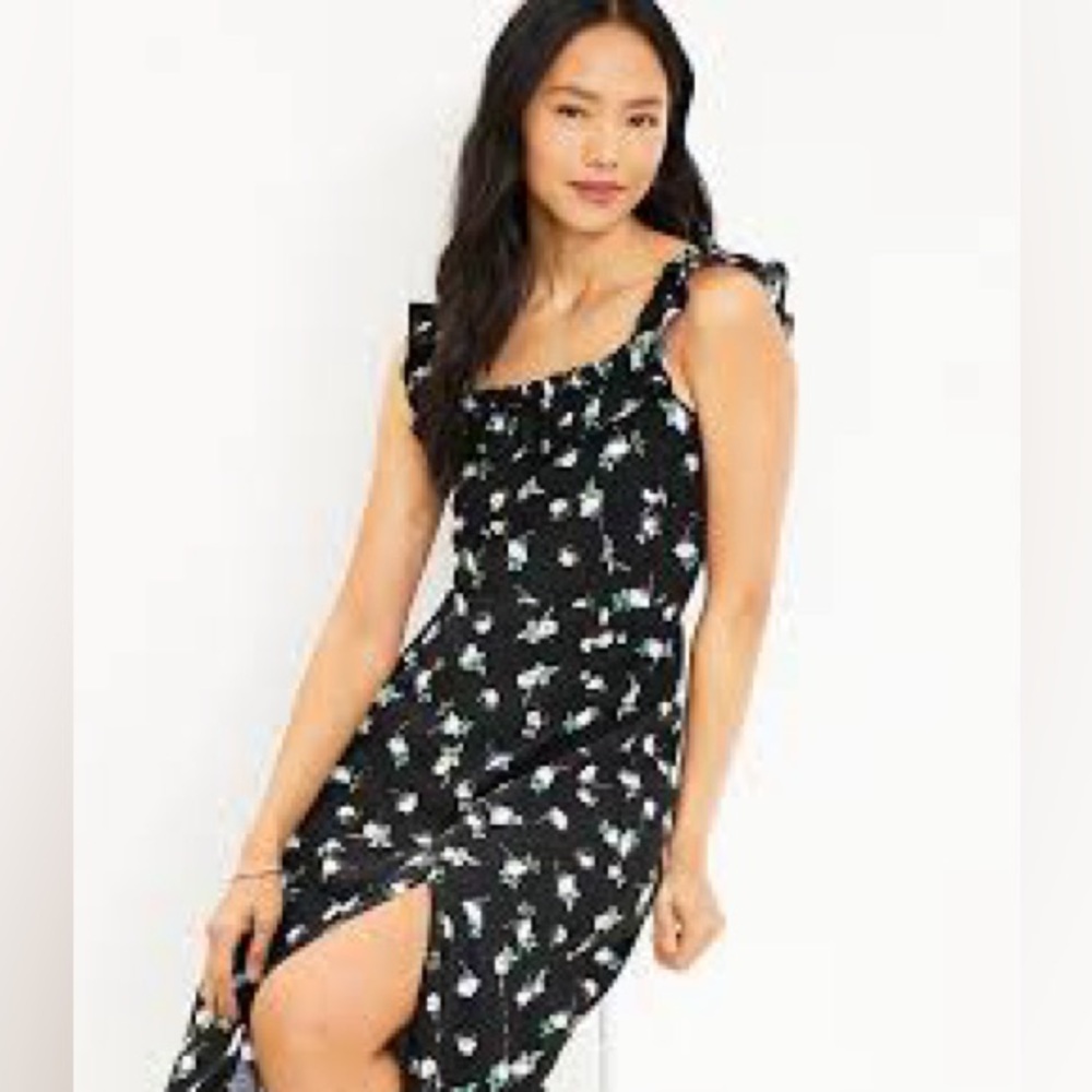 LOFT Black Floral Dress with Ruffles